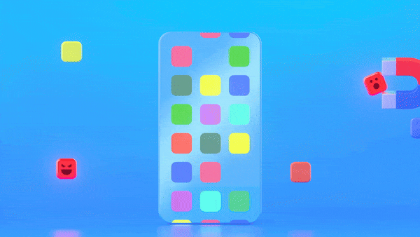 من iPhoneIslam.com، صورة متحركة لواجهة هاتف ذكي مع أيقونات تطبيقات ملونة على خلفية زرقاء. تتحرك مربعات عائمة ومرحة ذات تعبيرات مختلفة حول الشاشة، مما يذكرنا بمتجر تطبيقات Apple النابض بالحياة.