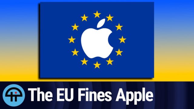 من iPhoneIslam.com، صورة لعلم الاتحاد الأوروبي مع شعار شركة Apple في المنتصف والنص "The EU Fines Apple" في الأسفل، إلى جانب تسمية توضيحية مختصرة باللغة العربية: "آبل تطعن في قرار الاتحاد الأوروبي.