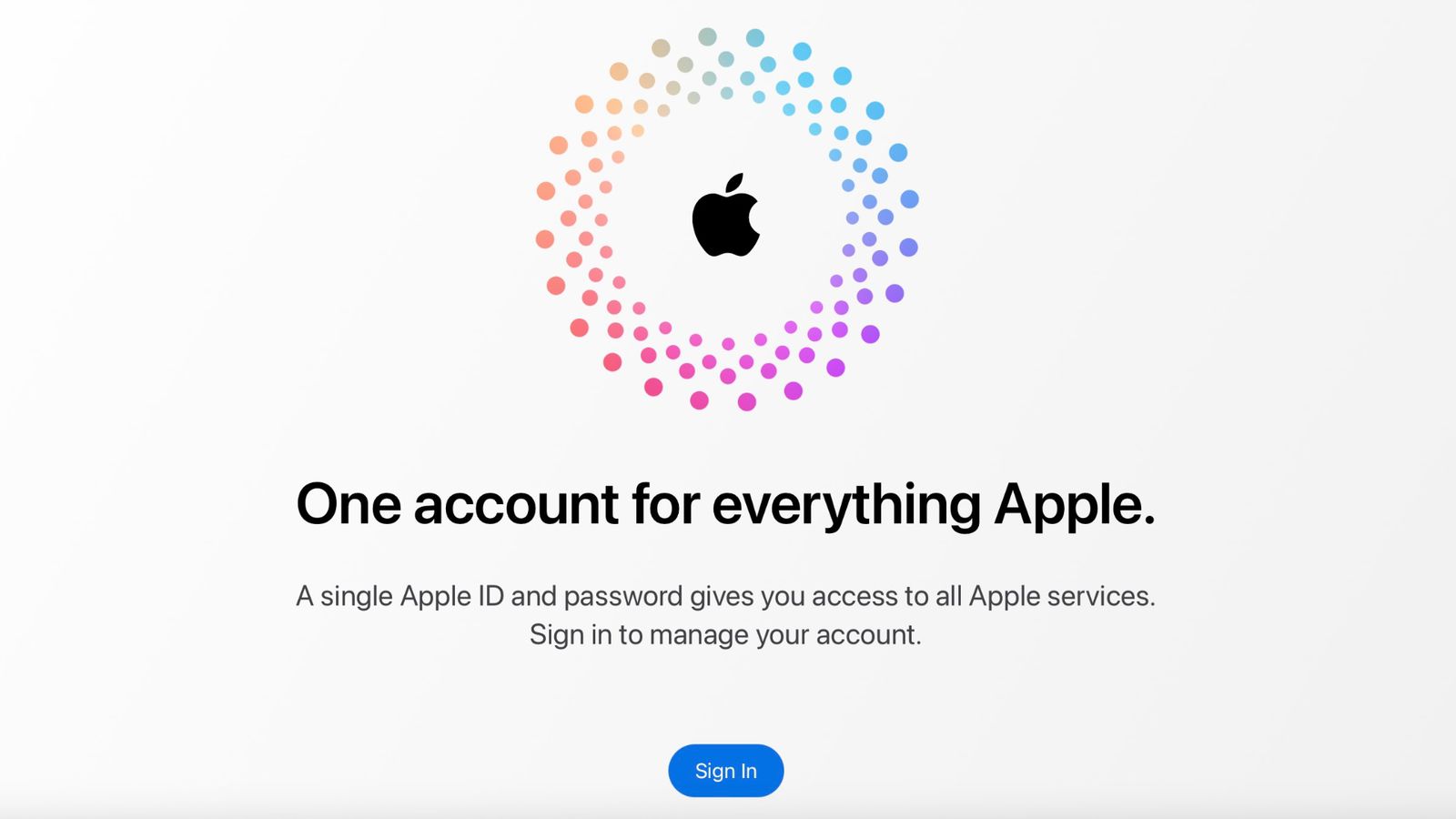 Desde iPhoneIslam.com, logotipo de Apple rodeado por un círculo de puntos de colores encima del texto "Una cuenta para todo Apple", con un botón "Iniciar sesión" debajo, presentado en Margin News