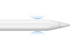من iPhoneIslam.com، لقطة مقربة لقلم أبيض اللون، يذكرنا بـ قلم Apple Pro، مع خطوط دائرية زرقاء توضح ميزات حساسية اللمس بالقرب من طرفه.