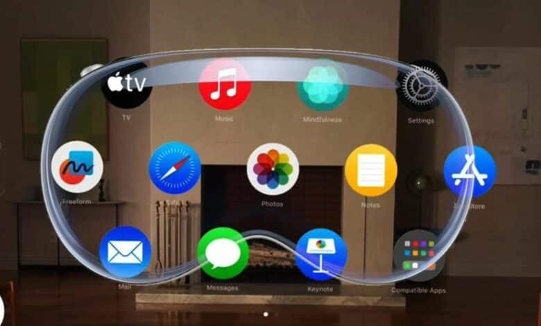 From Phonegram.com, a conceptual image of AR glasses displaying various app icons and highlighting a transparent interface, superimposed over a living room setting.