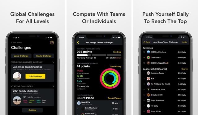 من iPhoneIslam.com، ثلاثة أجهزة آي-فون إسلام تعرض واجهة تطبيق اللياقة البدنية مع علامات تبويب مختلفة: نظرة عامة على التحديات، ومنافسة الفريق، ولوحة صدارة التقدم الفردي.