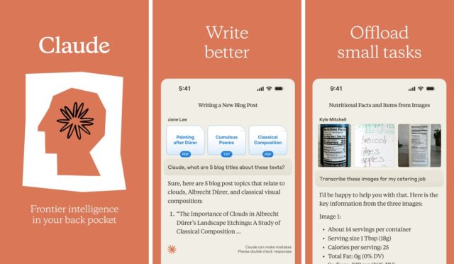 De iPhoneIslam.com, un diseño gráfico de interfaz de aplicación móvil que muestra tres pantallas: Frontier Intelligence, la herramienta de escritura y la función de volcado de tareas, cada una con sus correspondientes íconos y descripciones de texto. éste es uno de