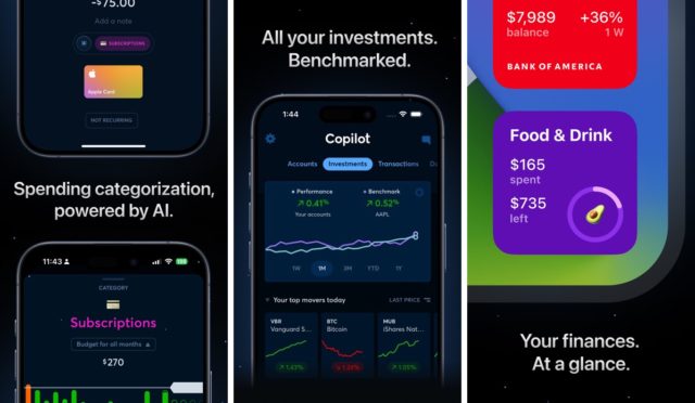 iPhoneIslam.com より、クレジット カード管理、投資追跡、ChatGPT を使用した飲食支出の予算概要など、さまざまな金融アプリケーションを表示する 3 つのスマートフォンの画面。