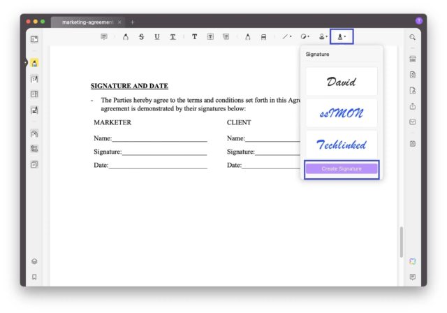 من iPhoneIslam.com، وثيقة اتفاقية التسويق الرقمي مفتوحة في قارئ PDF، وتظهر حقول التوقيع للمسوق والعميل. باستخدام برنامج UPDF، تكون لوحة التوقيع مرئية مع خيارات لإنشاء التوقيع.