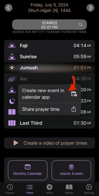 Auf dem Bildschirm der Prayer Time-App von iPhoneIslam.com werden die Gebetszeiten für Kairo am Freitag, den 5. Juli 2024 angezeigt. Außerdem erscheint ein Menü mit Optionen zum Erstellen eines neuen Ereignisses, zum Hinzufügen zum Kalender oder zum Teilen der Gebetszeit.