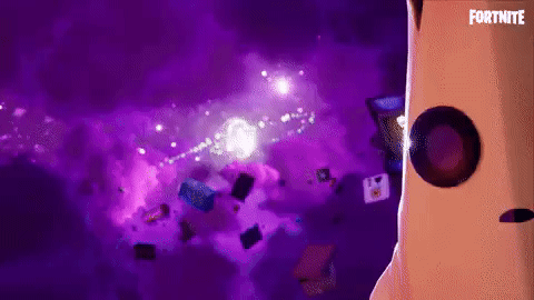 Desde iPhoneIslam.com, un personaje animado de Fortnite observa una tormenta púrpura con escombros flotantes en mayo; El logo del juego es visible.
