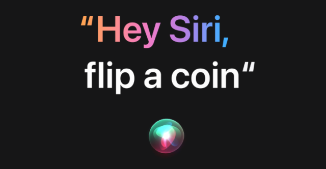 iPhoneIslam.com より、「Hey Siri、ご存知でしょう、コインを投げてください」というカラフルなテキストとその下に Siri アイコンがあり、すべて黒の背景にあります。