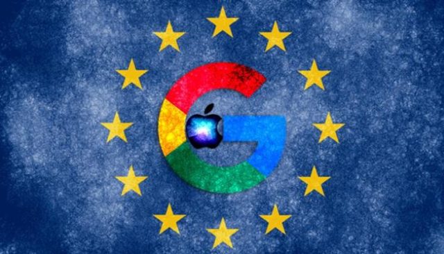 من iPhoneIslam.com، شعار Google بألوان قوس قزح مع جزء مقتطع، متراكب على خلفية زرقاء مزخرفة مع نجوم صفراء مرتبة في دائرة، تشبه علم الاتحاد الأوروبي، مما يمثل الانفتاح المشابه لنظام iPadOS لـ