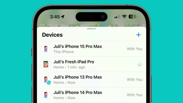من iPhoneIslam.com، لقطة شاشة لقائمة الأجهزة في تطبيق Find My تعرض العديد من أجهزة Apple، بما في ذلك iPhone 15 Pro Max من Juli، وJuli's Fresh iPad Pro، وJuli's iPhone 13 Pro Max، وiPhone 14 Pro Max من Juli. مع قضية الإصلاح في تحديث iOS 17.5، أصبحت إدارة هذه الأجهزة أسهل من أي وقت مضى.