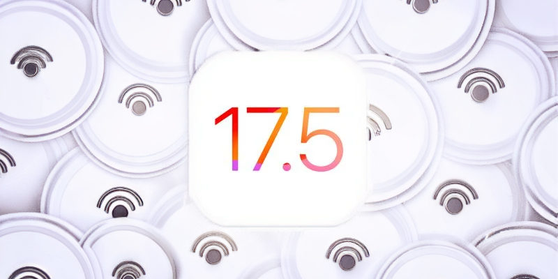 من iPhoneIslam.com، مجموعة كبيرة من الأجهزة الدائرية باللون الأبيض مع رمز مركزي مغطى بمربع يحمل الرقم "iOS 17.5" بخط ملون.
