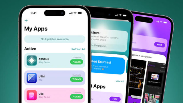 من iPhoneIslam.com، يتم عرض ثلاثة هواتف ذكية، يعرض كل منها شاشة إدارة التطبيقات مع تطبيقات مثل AltStore وUTM وClip، وجميعها تشير إلى تواريخ انتهاء الصلاحية. تتميز الخلفية باللون الأخضر المتدرج، مما يسلط الضوء على تأثير تحديث iOS 17.5 الجديد على إدارة التطبيقات.