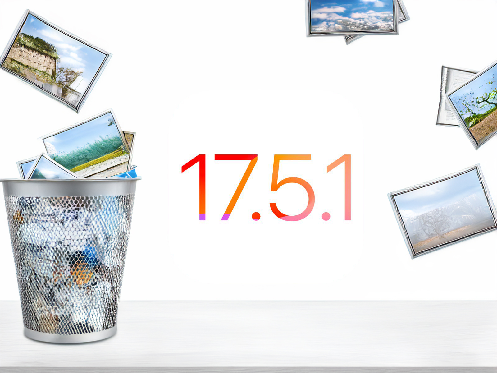 من iPhoneIslam.com، رسم رقمي يظهر سلة مهملات مليئة بالوسائط المهملة مع النص "iOS 17.5.1" في المنتصف، محاطة بصور عائمة، تسلط الضوء على آخر تحديث من Apple.