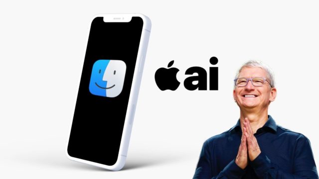 من iPhoneIslam.com، صورة لرجل يرتدي قميصًا داكنًا يبتسم ويداه متشابكتان بالقرب من هاتف ذكي يضم أيقونة وجه سعيد على الشاشة بجوار عبارة "Apple ai" وشعار Apple، مما يسلط الضوء على ميزات ذكاء اصطناعي iOS 18.
