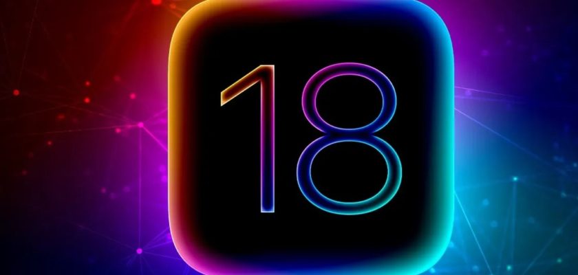 من iPhoneIslam.com، رقم نيون "18" على خلفية متوهجة ومتعددة الألوان مع أنماط وتدرجات ضوئية مستوحاة من التصميم الأنيق لنظام iOS 18 ميزات ذكاء اصطناعي.