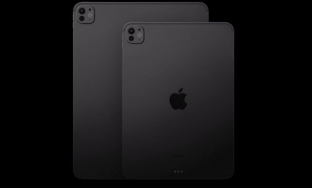 من iPhoneIslam.com، يتم عرض جهازي iPad باللون الأسود من Apple، أحدهما أكبر والآخر أصغر، جنبًا إلى جنب مع ظهورهما في مواجهة المشاهد. ويتميز كلا الجهازين بشعار Apple والكاميرات الخلفية في الزاوية العلوية اليسرى، على غرار تصميم آي فون 14 المجددة.