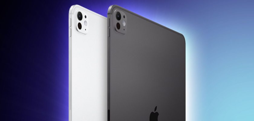 من iPhoneIslam.com، يظهر طرازان من iPad، أحدهما باللون الأبيض والآخر باللون الأسود، من الخلف، مع تسليط الضوء على وحدات الكاميرا وشعارات Apple على خلفية زرقاء متدرجة. يتميز كلا الجهازين بمعالج Apple M4 القوي للحصول على أداء سلس.
