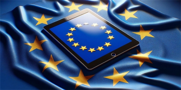 من iPhoneIslam.com، جهاز لوحي مزود بنظام iPadOS يعرض علم الاتحاد الأوروبي موضوع على قماش ملفوف بعلم الاتحاد الأوروبي بتصميم مرصع بالنجوم.