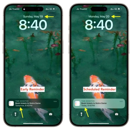 من iPhoneIslam.com، تعرض شاشتان للهواتف الذكية جنبًا إلى جنب رسائل تذكير، تشير إحداهما إلى "التذكير المبكر" في 19 مايو الساعة 8:40 صباحًا والأخرى "تذكير مجدول" في 20 مايو الساعة 8:40 صباحًا. يحتوي كلاهما على ورق حائط لأسماك الكوي، وهو مثالي لتتبع مهامك على الآي فون.