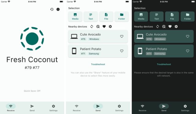 Von iPhoneIslam.com, Screenshots einer mobilen App, die die Verbindungseinstellungen des Geräts und Tipps zur Fehlerbehebung auf drei Bildschirmen zeigt, mit einem „Fresh Coconut“-Logo versehen und als nützliche Apps gekennzeichnet ist.