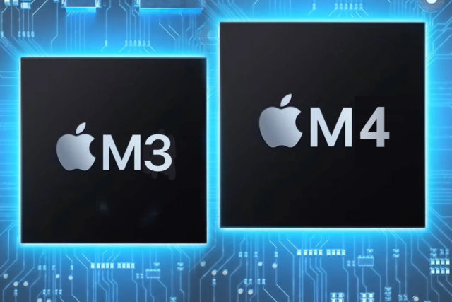من iPhoneIslam.com، شريحتي كمبيوتر تحملان علامة "M3" ومعالج Apple M4 مع شعارات Apple على خلفية لوحة الدائرة.