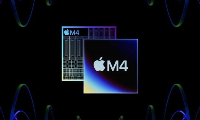 From iPhoneIslam.com, image of two Apple M4 processor chips with a dark background and faded color waves. One displays the Apple logo and the text “M4,” while the other displays the chip circuitry.