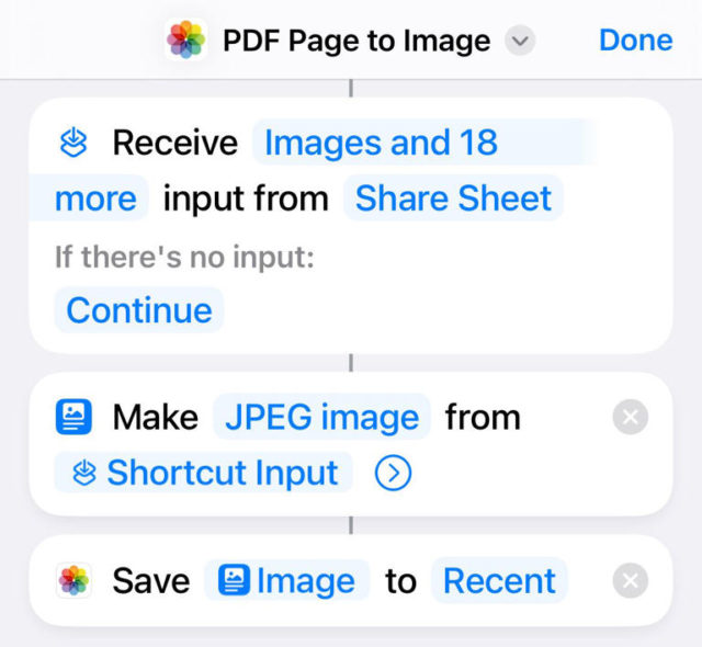 من iPhoneIslam.com، لقطة شاشة لسير عمل في تطبيق جوال على الآي-فون تعرض خطوات تحويل صفحة PDF إلى صورة، وحفظها بتنسيق JPEG، وتخزينها في ملف "الأخيرة".