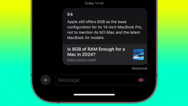 From iPhoneIslam.com, a screenshot of an iPhone text message conversation showing a link preview. Quoted text discusses Apple's offering of 8GB of RAM in its latest Mac models and queries whether 8GB of RAM will be enough for a Mac in 2024.