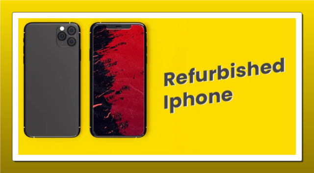 من iPhoneIslam.com، جهازي iPhone مجددان على خلفية صفراء. يُظهر أحد iPhone الجزء الخلفي، بينما يعرض الآخر شاشة حمراء وسوداء. يقرأ النص "آي-فون 14 المجددة.