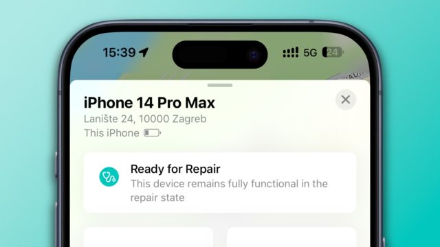 من iPhoneIslam.com، صورة مقربة لشاشة iPhone 14 Pro Max تعرض تحديث iOS 17.5 ومعلومات الإصلاح، بما في ذلك العنوان في زغرب، كرواتيا، مع رسالة إصلاح محددة تشير إلى أن الجهاز يظل يعمل بكامل طاقته أثناء الإصلاح.