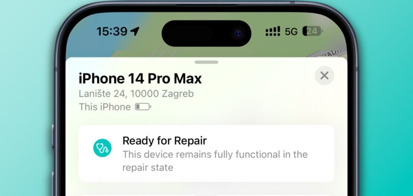 من iPhoneIslam.com، صورة مقربة لشاشة iPhone 14 Pro Max تعرض تحديث iOS 17.5 ومعلومات الإصلاح، بما في ذلك العنوان في زغرب، كرواتيا، مع رسالة إصلاح محددة تشير إلى أن الجهاز يظل يعمل بكامل طاقته أثناء الإصلاح.