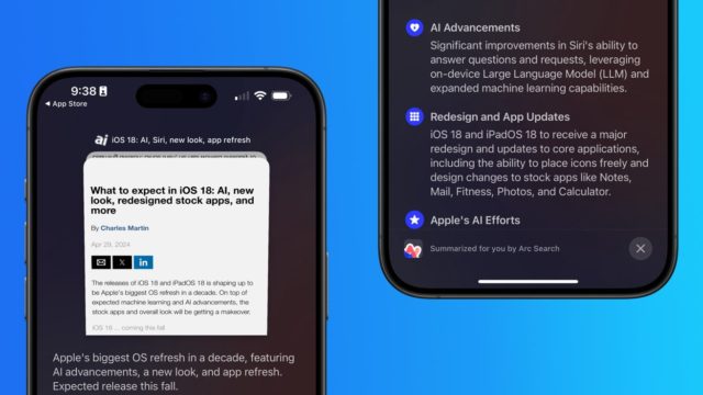 From iPhoneIslam.com, split image: Left - A smartphone showing a news article about iOS 18 with redesigned app themes including the Safari browser. On the right - an overview of new iOS features on another device