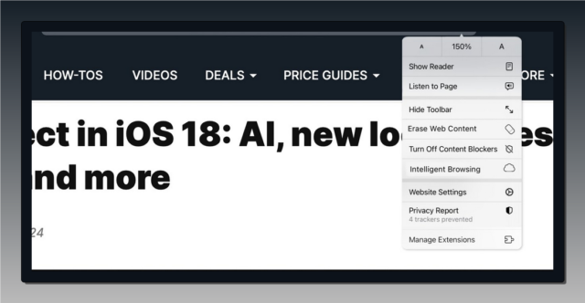 З iPhoneIslam.com, екран комп’ютера, на якому показано статтю веб-сайту під назвою «Що нового в iOS18: штучний інтелект, новий вигляд і багато іншого» з меню налаштувань браузера Safari в iOS 18