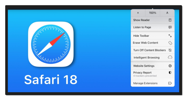 iPhoneIslam.com より、iOS 18 の Safari ブラウザ アイコンが表示され、[設定] メニューが開き、さまざまなブラウジング オプションが表示されたコンピュータ画面。