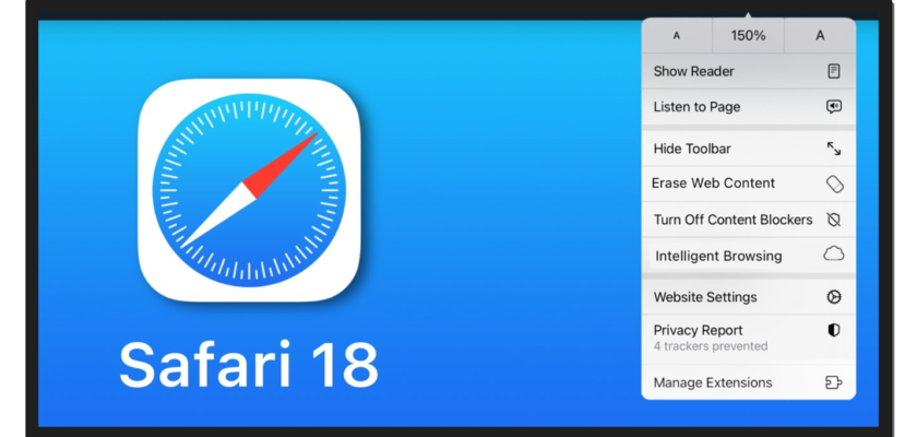 Z iPhoneIslam.com: ekran komputera przedstawiający ikonę przeglądarki Safari w systemie iOS 18 z otwartym menu Ustawienia, pokazującym różne opcje przeglądania.