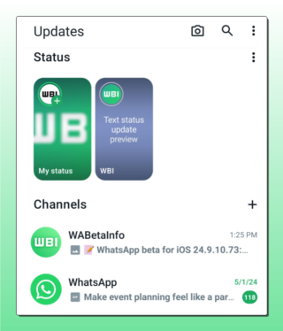 من iPhoneIslam.com، لقطة شاشة لقسم تحديثات WhatsApp، تظهر فيها تحديثات الحالة والقناتين: WABetaInfo وWhatsApp. تحتوي قناة WABetaInfo على منشور حول الإصدار التجريبي من WhatsApp، بينما تعرض قناة WhatsApp منشورًا حول التخطيط للأحداث في الفترة الأخيرة.