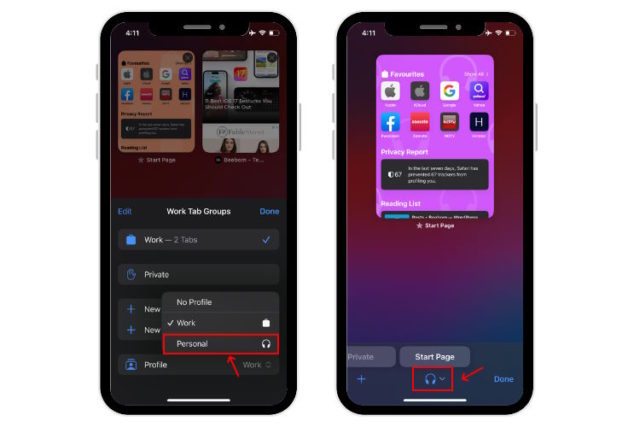 من iPhoneIslam.com، جهازا iPhone يعرضان واجهة إدارة علامات تبويب المتصفح، ويعرضان فئات وخيارات تخصيص مختلفة.