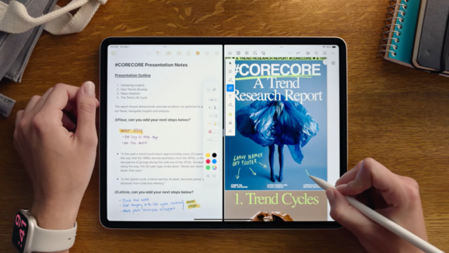 من iPhoneIslam.com، يستخدم أحد الأشخاص قلمًا للتفاعل مع جهاز آي باد برو، ويعرض ملاحظات المستند على اليسار و"تقرير بحث CORECORE Trend" مع رسم أزرق على اليمين.