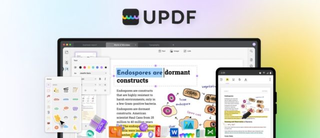 من iPhoneIslam.com، برنامج UPDF يتم عرضه على شاشة الكمبيوتر والهاتف الذكي، ويعرض قدرته على تحرير النصوص والشروح والرسوم التوضيحية في المستندات. تتوفر أيضًا خيارات الحافظة والملصق والتنسيق.