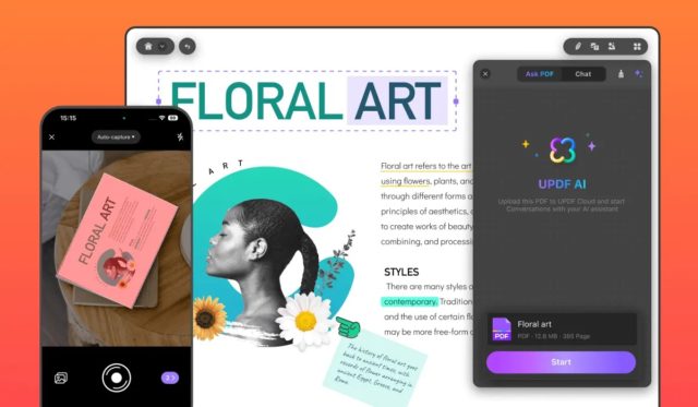 من iPhoneIslam.com، صورة مستند رقمي بعنوان "Floral Art" معروض على جهاز لوحي عبر برنامج UPDF، وشاشة تحميل PDF على الهاتف، وصورة لكتاب بعنوان "Floral Art" معروضة على هاتف آخر.