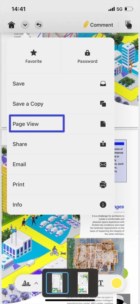 من iPhoneIslam.com، تعرض شاشة الهاتف الذكي خيارات متنوعة للمستندات، بما في ذلك "المفضلة" و"الحفظ" و"عرض الصفحة" وغيرها. يتم تمييز خيار "عرض الصفحة" باللون الأزرق، مما يعرض تعدد استخدامات برنامج UPDF.