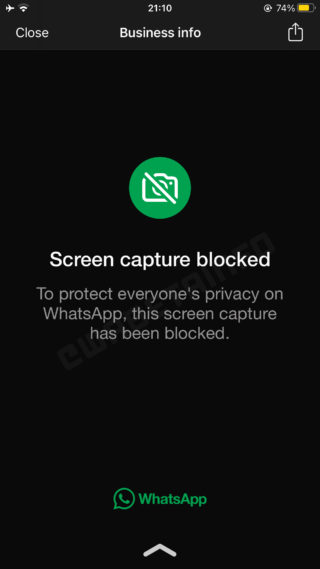 من iPhoneIslam.com، لقطة شاشة تظهر رسالة من WhatsApp نصها: "تم حظر التقاط الشاشة. لحماية خصوصية الجميع على WhatsApp، تم حظر التقاط الشاشة هذا." يأتي هذا مع تحديثات التحديث في الفترة الأخيرة.