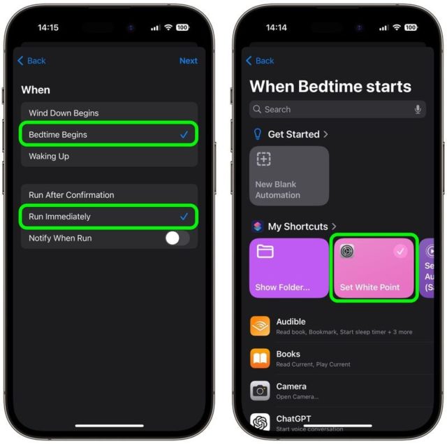 من iPhoneIslam.com، شاشتان لآي فون تعرضان إعدادات التشغيل الآلي عند النوم. تشير الشاشة اليسرى إلى إجراءات "Bedtime Begins"، بينما تعرض الشاشة اليمنى خيارات، بما في ذلك "Set White Point" لـ "حد التقيت" في تطبيق الاختصارات.