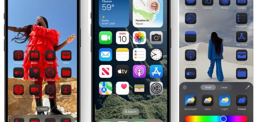 من iPhoneIslam.com، ثلاثة هواتف ذكية تعرض إعدادات وموضوعات مختلفة للشاشة الرئيسية، بما في ذلك أيقونات التطبيقات والأدوات والمجلدات وواجهة ضبط الإعدادات على iOS 18.