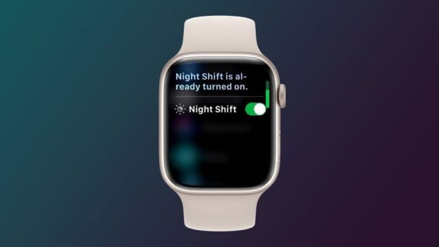 من iPhoneIslam.com، تعرض الساعة الذكية المزودة بشريط فاتح اللون شاشة تحتوي على النص "تم تشغيل Night Shift بالفعل" ومفتاح تبديل مضبوط على وضع "التشغيل"، وهو مثالي لأمسيات شهر يونيو المتأخرة.