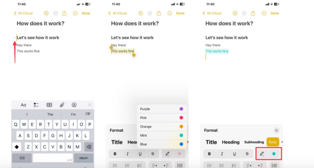 من iPhoneIslam.com، تعرض ثلاث لقطات شاشة تطبيقًا لتحرير النص مزودًا بشريط أدوات لتنسيق النص. لقطة الشاشة الأولى تبرز النص على iOS 18. أما الثانية فتظهر خيارات ألوان الخط. أما الثالث فيظهر خيارات التنسيق مثل Bold وItalic، ويكشف عن بعض الميزات المخفية لآخر تحديث من Apple.