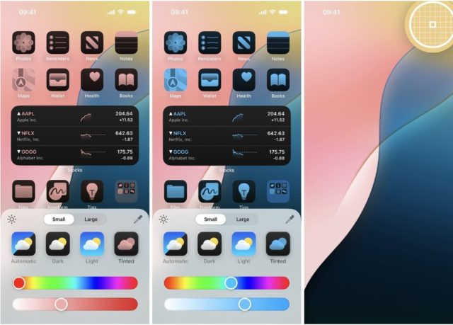 From iPhoneIslam.com, three phone screens display app icons, inventory data widgets, and customization options for icon size, theme (auto, dark, light, color), and background color gradients. With the iOS 18 update, the Home screen now includes exciting new features that elevate the user experience.