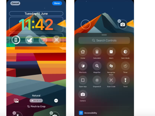 من iPhoneIslam.com، لقطتان من واجهة الهاتف: يعرض اليسار تخصيص ورق الحائط والوقت، ويعرض اليمين خيارات مركز التحكم مثل الآلة الحاسبة والمصباح اليدوي والكاميرا، وكلها بخلفية ملونة ذات طابع جبلي. اكتشف الميزات المخفية في iOS 18 التي تعمل على تحسين تجربة Apple الخاصة بك.