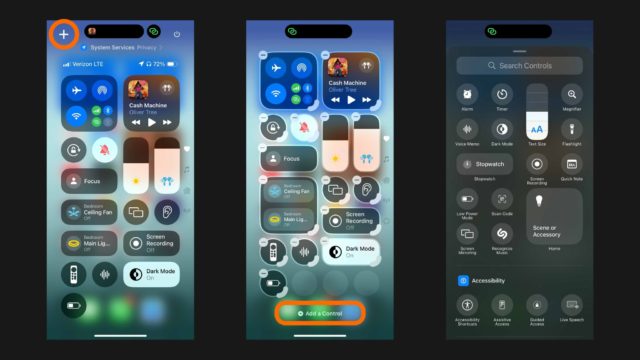 Mula sa iPhoneIslam.com, tatlong screenshot ng iPhone interface. Ang una ay nagpapakita ng Control Center na may kahel na "+" na karatula. Ipinapakita rin ng pangalawa ang Control Center na may naka-highlight na Add Control, na naglalaman ng feature na Personalization sa iOS 18. Ang pangatlo ay nagpapakita ng karagdagang mga opsyon sa central control para sa pagkontrol sa device.