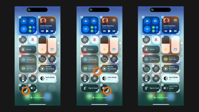 Mula sa iPhoneIslam.com, isang digital na mock-up ng tatlong screen ng iPhone Control Center, bawat isa ay naglalaman ng iba't ibang mabilis na setting at kontrol ng app, na nagha-highlight ng mga pagbabago sa pag-record ng screen at mga icon ng Dark Mode, at nagpapakita ng mga burn-in na feature ng iOS 18.